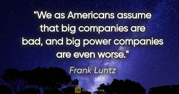 Frank Luntz quote: "We as Americans assume that big companies are bad, and big..."