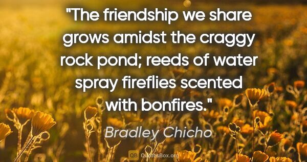Bradley Chicho quote: "The friendship we share grows amidst the craggy rock pond;..."