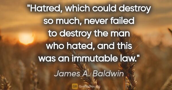 James A. Baldwin quote: "Hatred, which could destroy so much, never failed to destroy..."