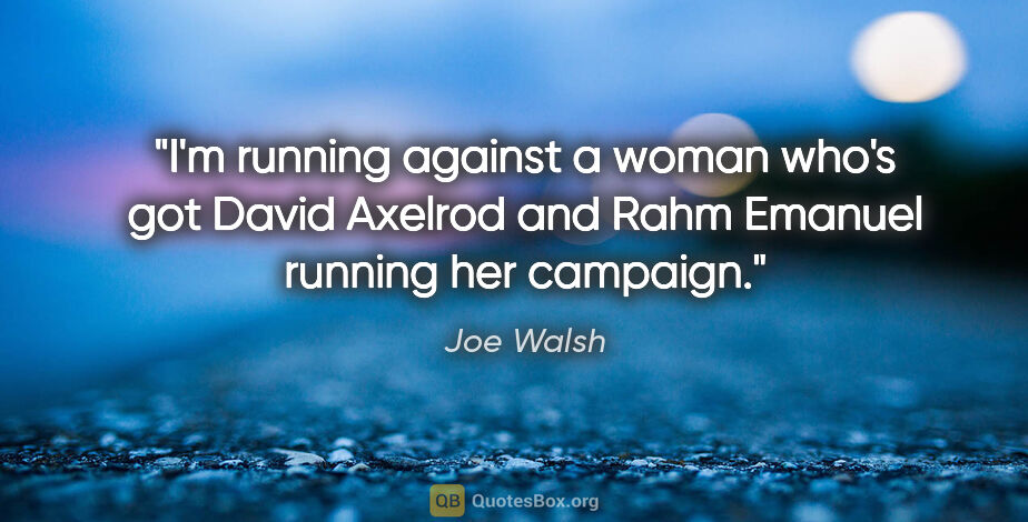 Joe Walsh quote: "I'm running against a woman who's got David Axelrod and Rahm..."