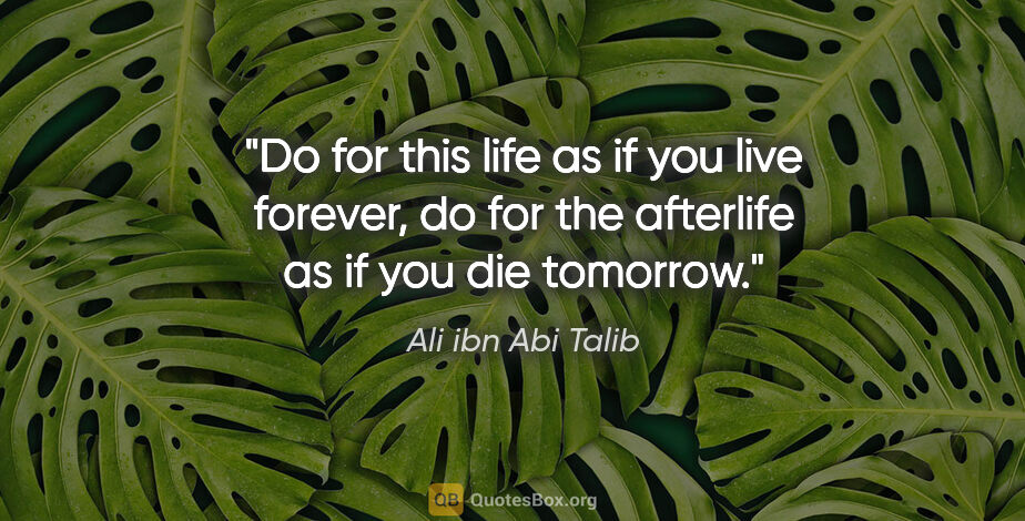 Ali ibn Abi Talib quote: "Do for this life as if you live forever, do for the afterlife..."