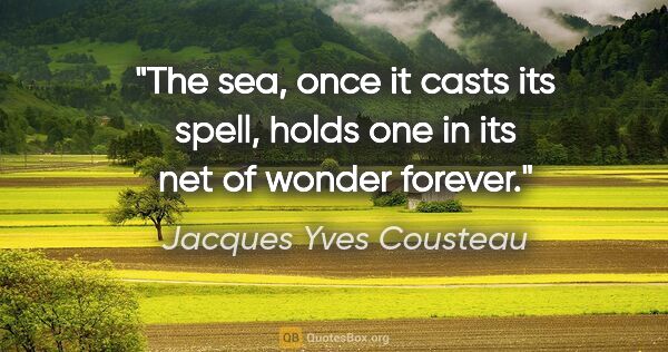 Jacques Yves Cousteau quote: "The sea, once it casts its spell, holds one in its net of..."