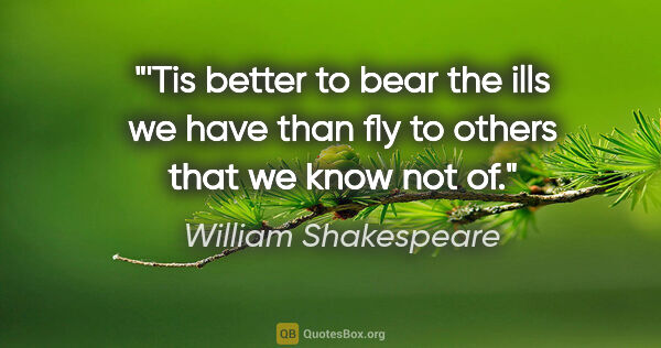 William Shakespeare quote: "'Tis better to bear the ills we have than fly to others that..."