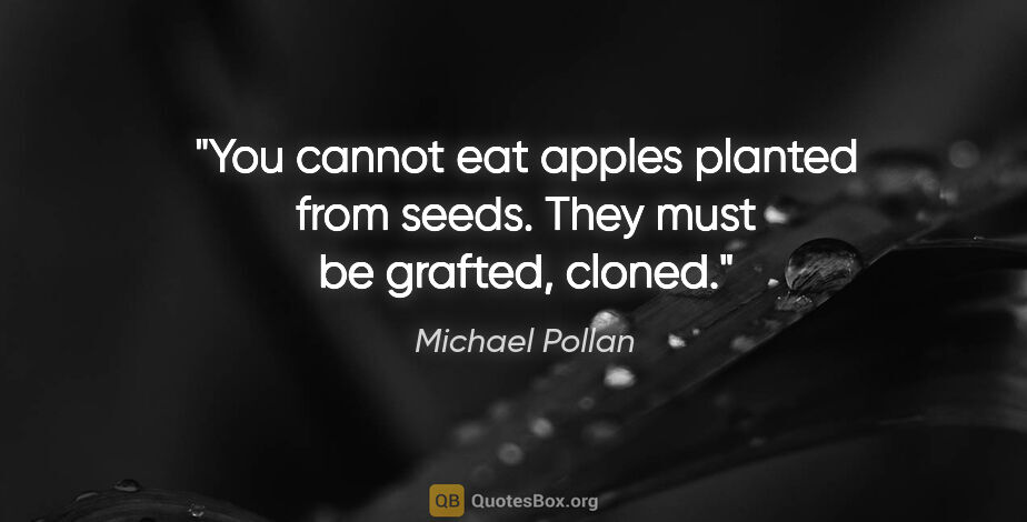 Michael Pollan quote: "You cannot eat apples planted from seeds. They must be..."