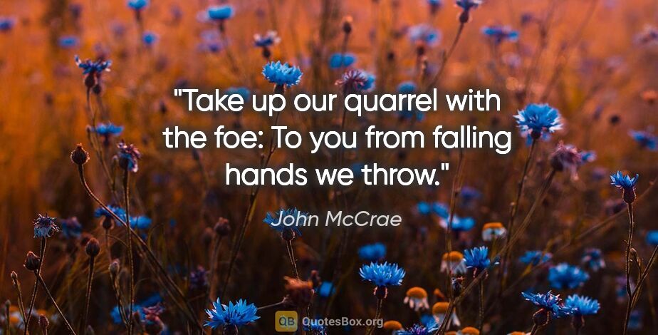 John McCrae quote: "Take up our quarrel with the foe: To you from falling hands we..."