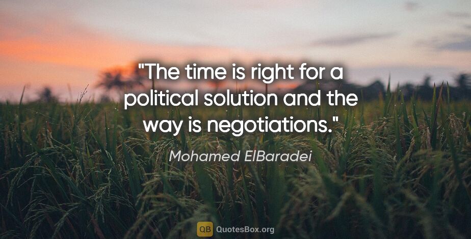 Mohamed ElBaradei quote: "The time is right for a political solution and the way is..."