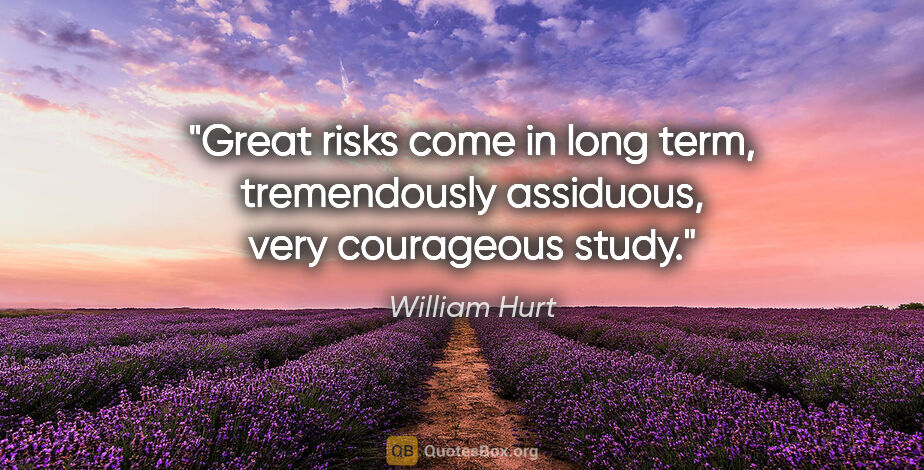 William Hurt quote: "Great risks come in long term, tremendously assiduous, very..."