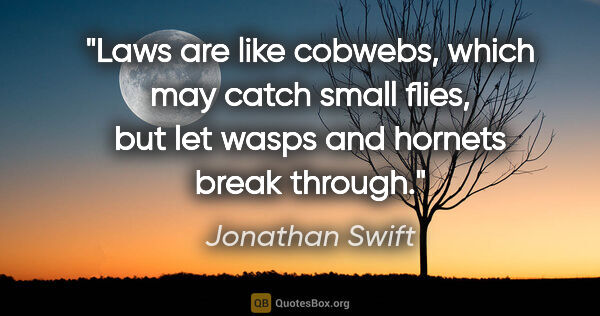 Jonathan Swift quote: "Laws are like cobwebs, which may catch small flies, but let..."