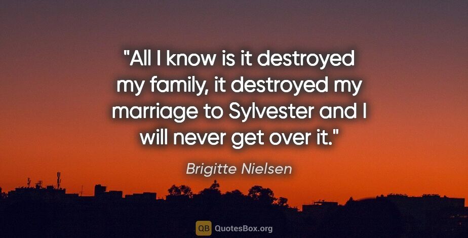 Brigitte Nielsen quote: "All I know is it destroyed my family, it destroyed my marriage..."