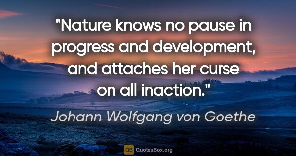 Johann Wolfgang von Goethe quote: "Nature knows no pause in progress and development, and..."