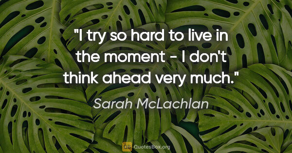 Sarah McLachlan quote: "I try so hard to live in the moment - I don't think ahead very..."