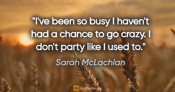 Sarah McLachlan quote: "I've been so busy I haven't had a chance to go crazy. I don't..."