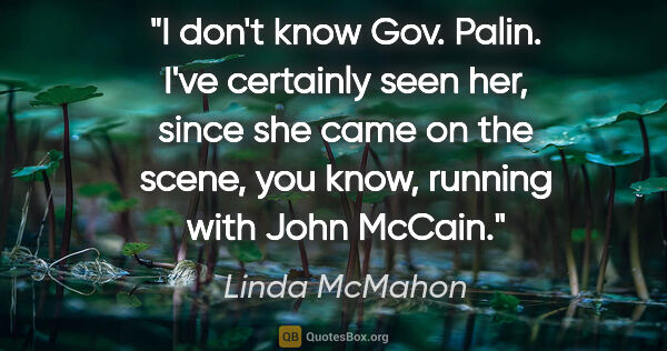 Linda McMahon quote: "I don't know Gov. Palin. I've certainly seen her, since she..."