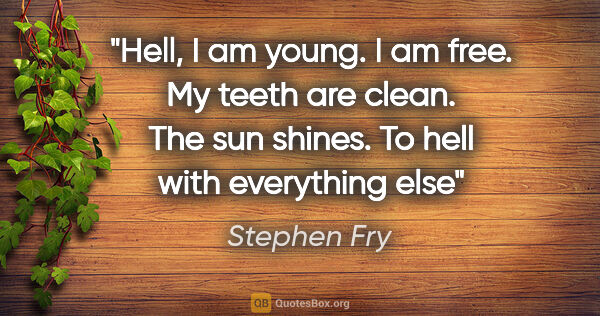 Stephen Fry quote: "Hell, I am young. I am free. My teeth are clean. The sun..."