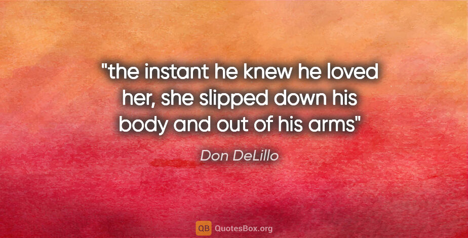 Don DeLillo quote: "the instant he knew he loved her, she slipped down his body..."