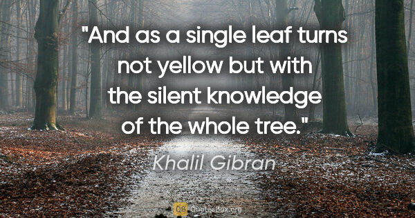 Khalil Gibran quote: "And as a single leaf turns not yellow but with the silent..."