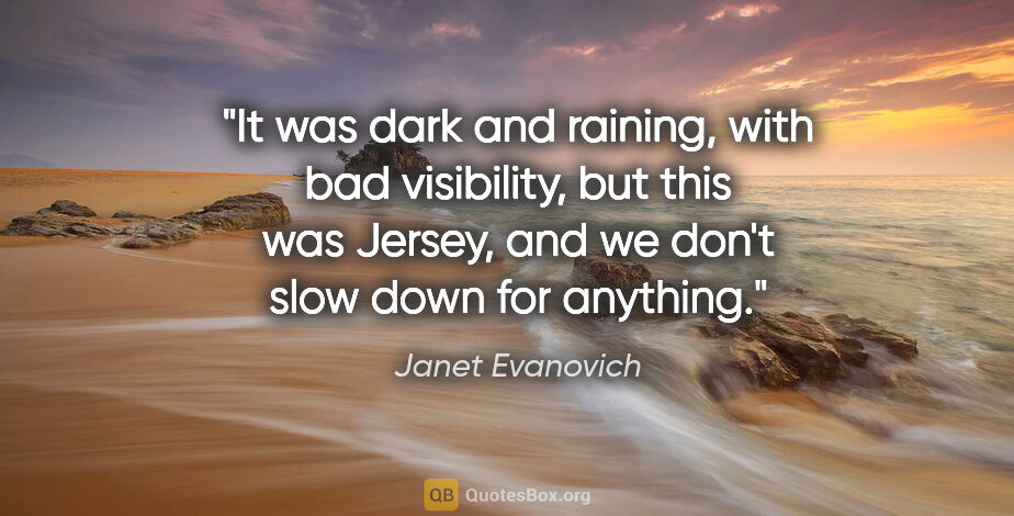 Janet Evanovich quote: "It was dark and raining, with bad visibility, but this was..."