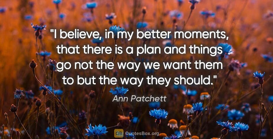 Ann Patchett quote: "I believe, in my better moments, that there is a plan and..."
