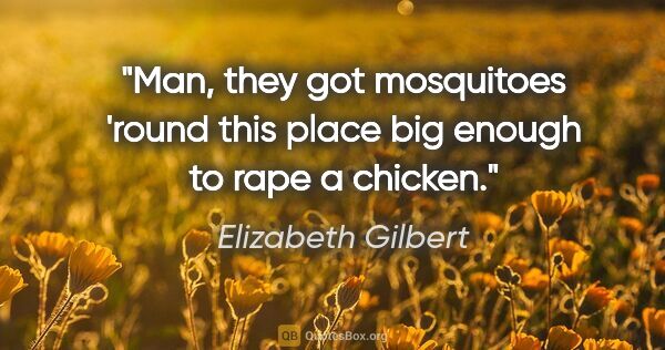 Elizabeth Gilbert quote: "Man, they got mosquitoes 'round this place big enough to rape..."