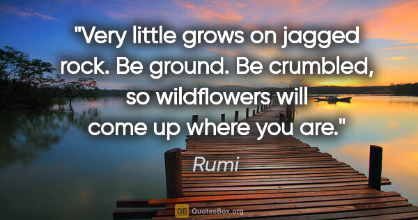 Rumi quote: "Very little grows on jagged rock. Be ground. Be crumbled, so..."