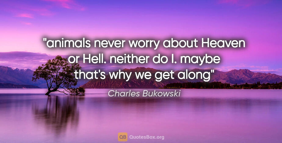 Charles Bukowski quote: "animals never worry about Heaven or Hell. neither do I. maybe..."