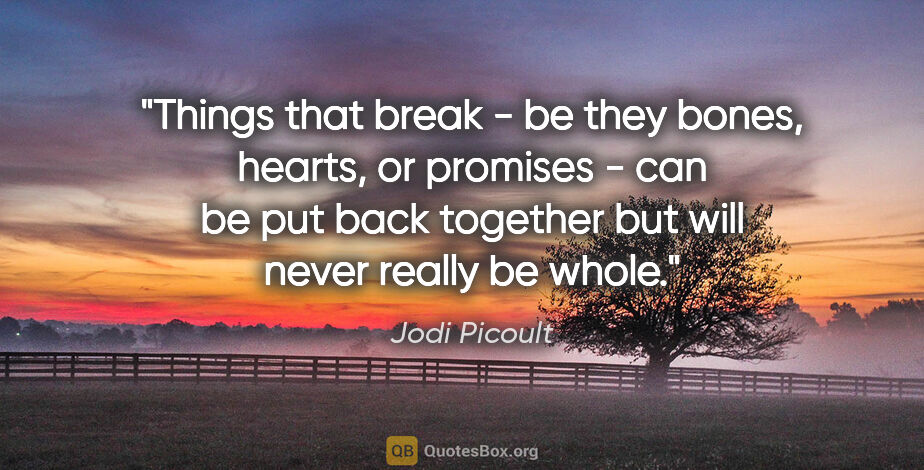Jodi Picoult quote: "Things that break - be they bones, hearts, or promises - can..."