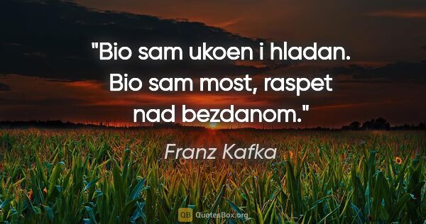 Franz Kafka quote: "Bio sam ukoen i hladan. Bio sam most, raspet nad bezdanom."