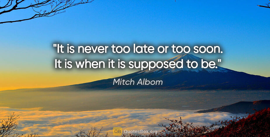 Mitch Albom quote: "It is never too late or too soon. It is when it is supposed to..."