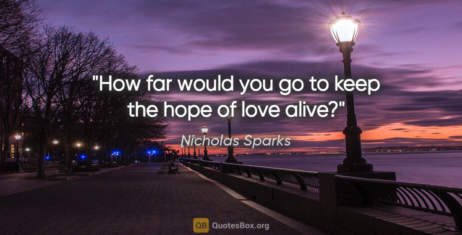 Nicholas Sparks quote: "How far would you go to keep the hope of love alive?"