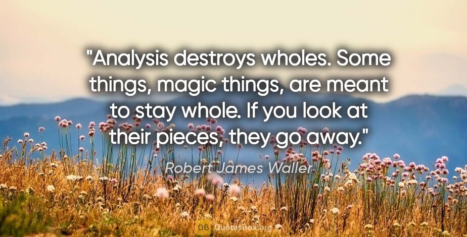 Robert James Waller quote: "Analysis destroys wholes. Some things, magic things, are meant..."