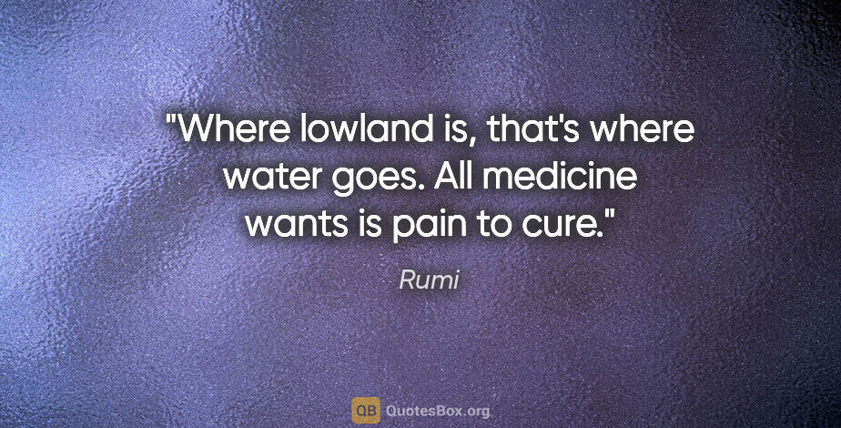 Rumi quote: "Where lowland is, that's where water goes. All medicine wants..."