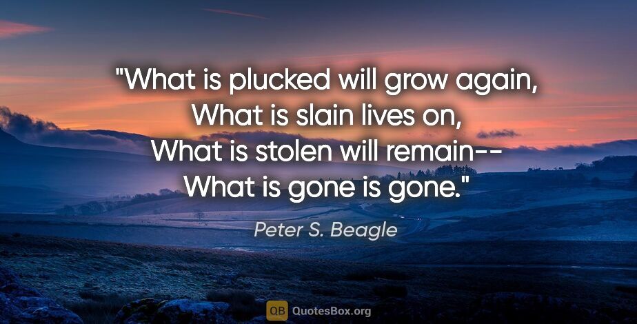 Peter S. Beagle quote: "What is plucked will grow again, What is slain lives on, What..."