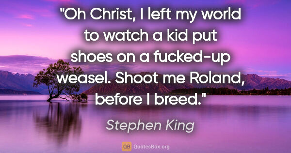 Stephen King quote: "Oh Christ, I left my world to watch a kid put shoes on a..."