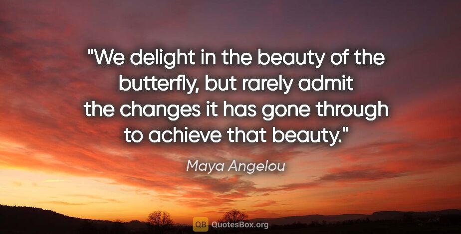 Maya Angelou quote: "We delight in the beauty of the butterfly, but rarely admit..."