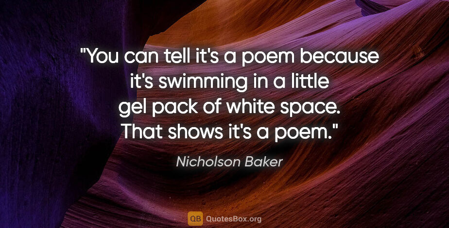 Nicholson Baker quote: "You can tell it's a poem because it's swimming in a little gel..."