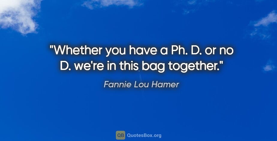 Fannie Lou Hamer quote: "Whether you have a Ph. D. or no D. we're in this bag together."