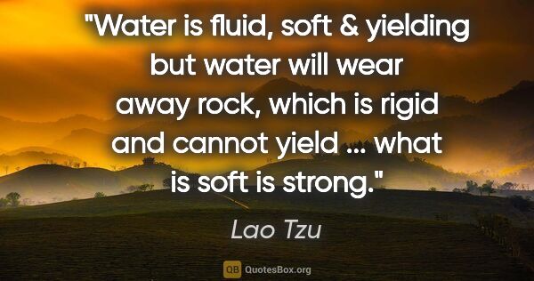 Lao Tzu quote: "Water is fluid, soft & yielding but water will wear away rock,..."