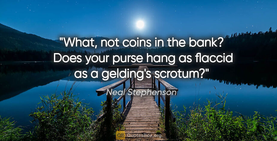 Neal Stephenson quote: "What, not coins in the bank?  Does your purse hang as flaccid..."
