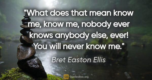 Bret Easton Ellis quote: "What does that mean know me, know me, nobody ever knows..."