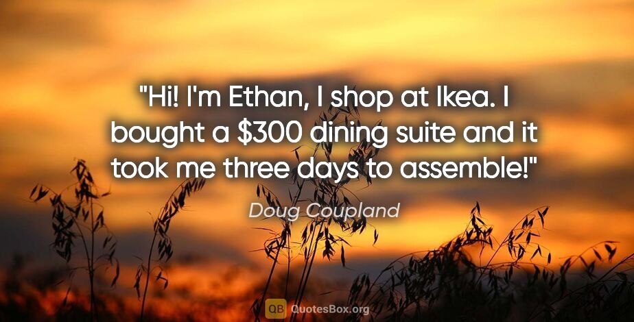 Doug Coupland quote: "Hi! I'm Ethan, I shop at Ikea. I bought a $300 dining suite..."