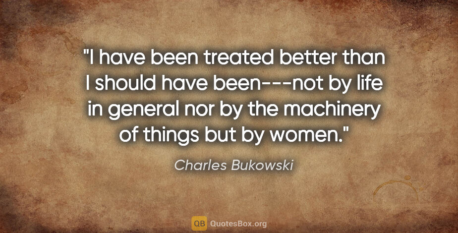 Charles Bukowski quote: "I have been treated better than I should have been---not by..."