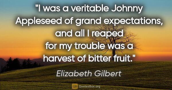 Elizabeth Gilbert quote: "I was a veritable Johnny Appleseed of grand expectations, and..."