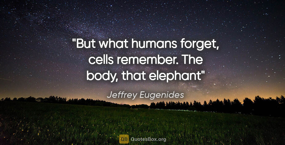 Jeffrey Eugenides quote: "But what humans forget, cells remember. The body, that elephant"