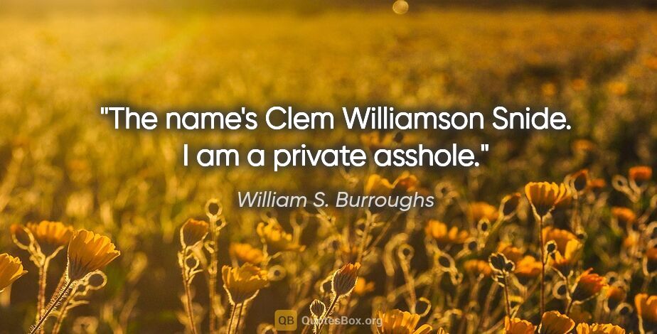 William S. Burroughs quote: "The name's Clem Williamson Snide. I am a private asshole."