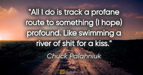 Chuck Palahniuk quote: "All I do is track a profane route to something (I hope)..."