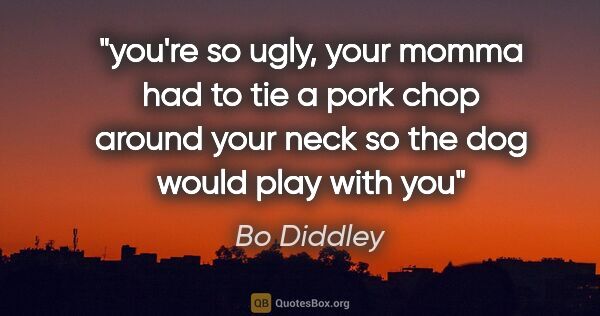 Bo Diddley quote: "you're so ugly, your momma had to tie a pork chop around your..."