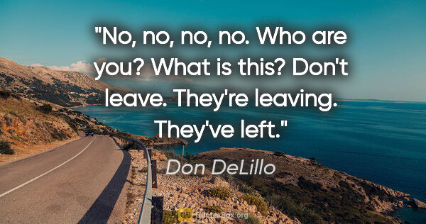 Don DeLillo quote: "No, no, no, no. Who are you? What is this? Don't leave...."