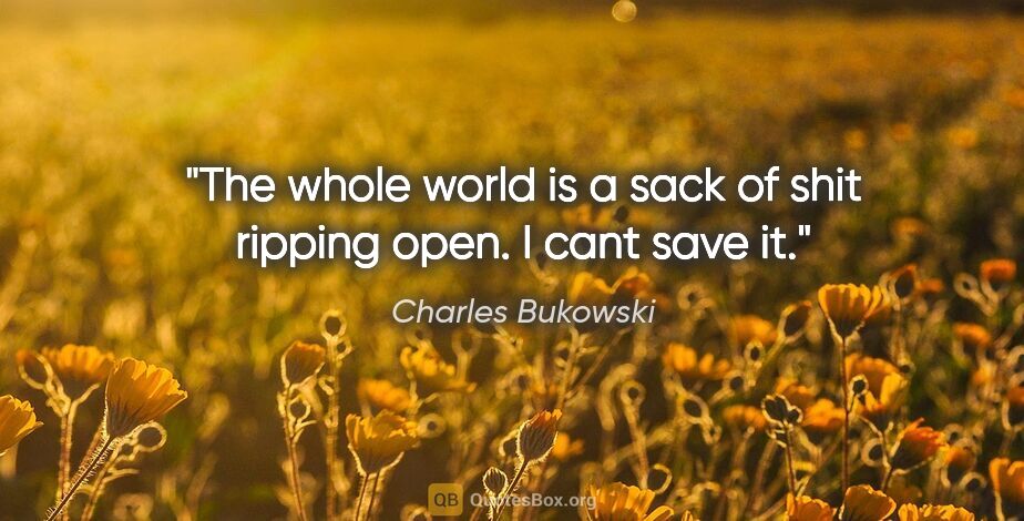 Charles Bukowski quote: "The whole world is a sack of shit ripping open. I cant save it."