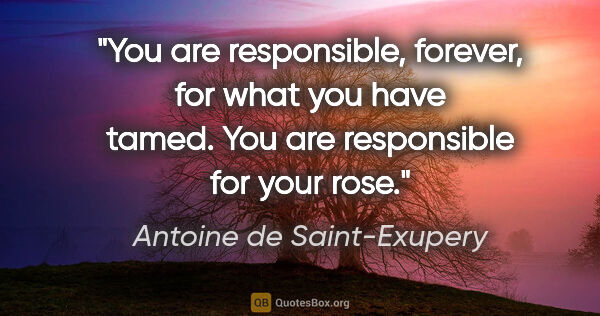 Antoine de Saint-Exupery quote: "You are responsible, forever, for what you have tamed. You are..."