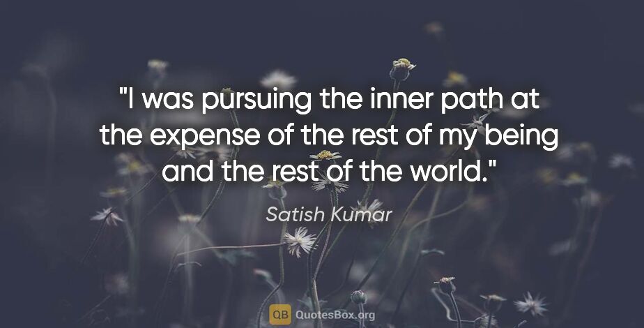 Satish Kumar quote: "I was pursuing the inner path at the expense of the rest of my..."